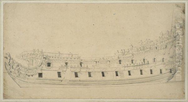 British Two-Decked Man-of-War, Starboard View Oil Painting by Willem van de Velde the Younger