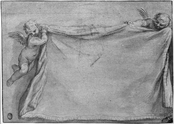 Two putti supporting a drape Oil Painting by Ciro Ferri