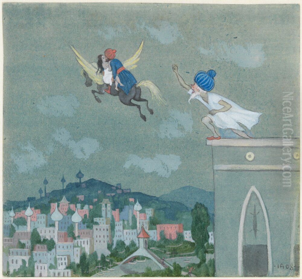 Ben Onis drom. Serie om 8 akvareller. 5, For losa tyglar rusar vinghasten ivag med dem bada Oil Painting by Ivar Arosenius Ben Onis drom. Serie om 8 akvareller. 5, For losa tyglar rusar vinghasten ivag med dem bada Oil Painting by Ivar Arosenius