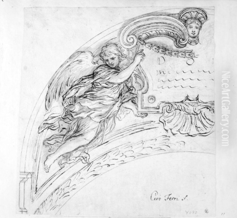 Angel flying. Detail of a tomb Oil Painting by Ciro Ferri