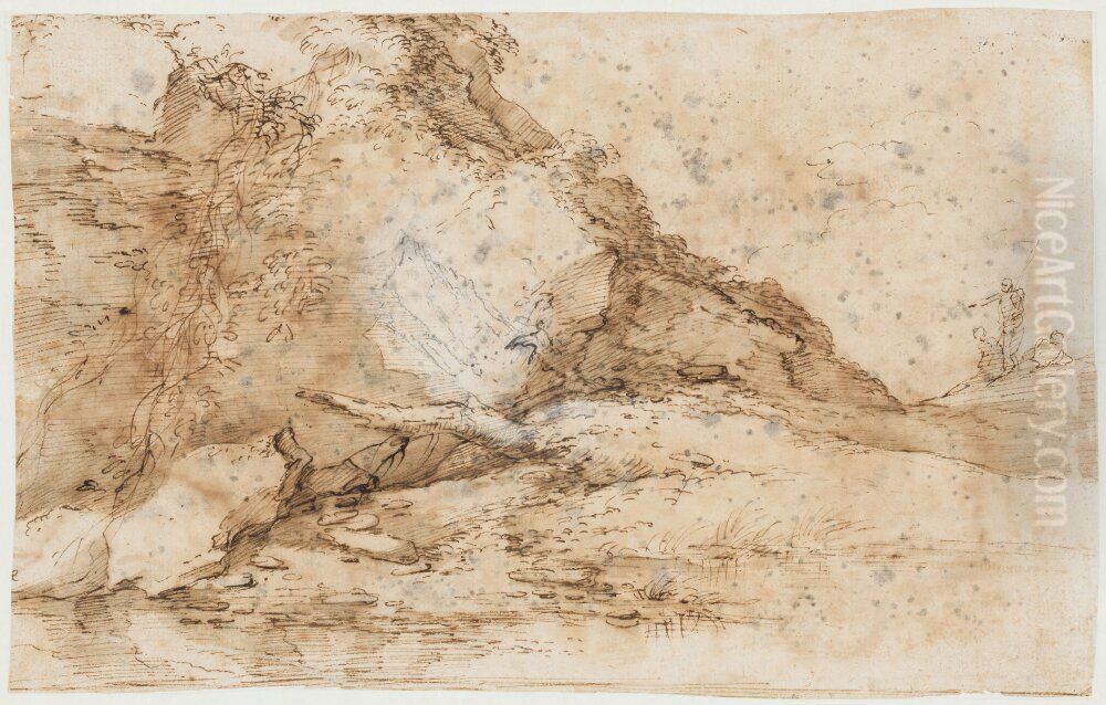 Landscape with Three Figures Oil Painting by Salvator Rosa