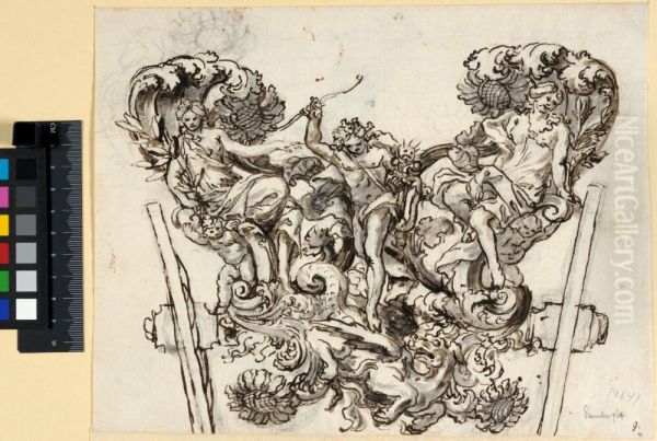 Rear Frame of a Couch with Apollo Slaying Python Oil Painting by Ciro Ferri