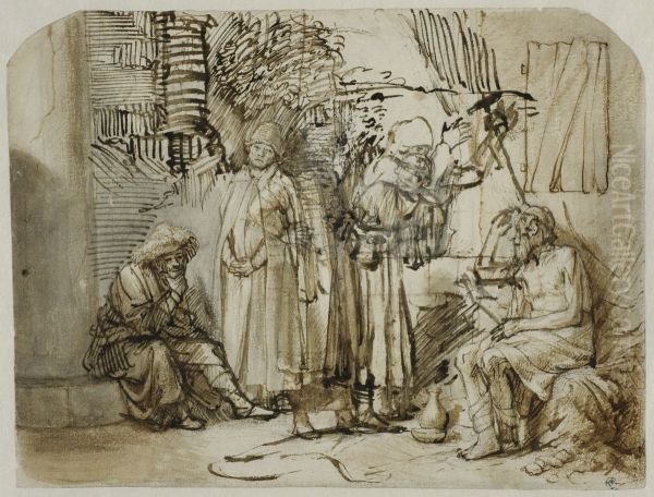 Job, hans hustru och hans vanner Oil Painting by Constantijn a Renesse