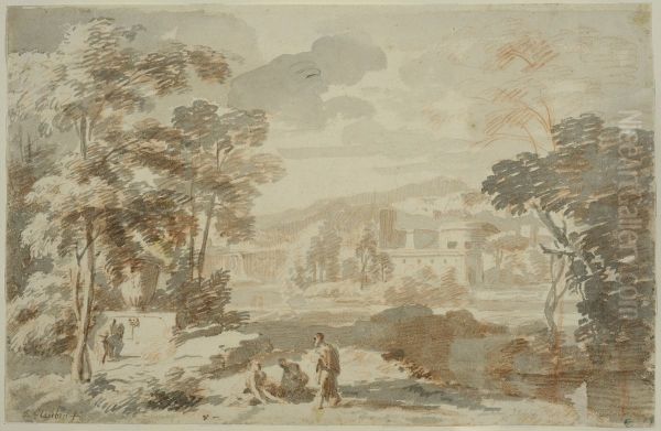 Landskap med figurer Oil Painting by Johannes Glauber