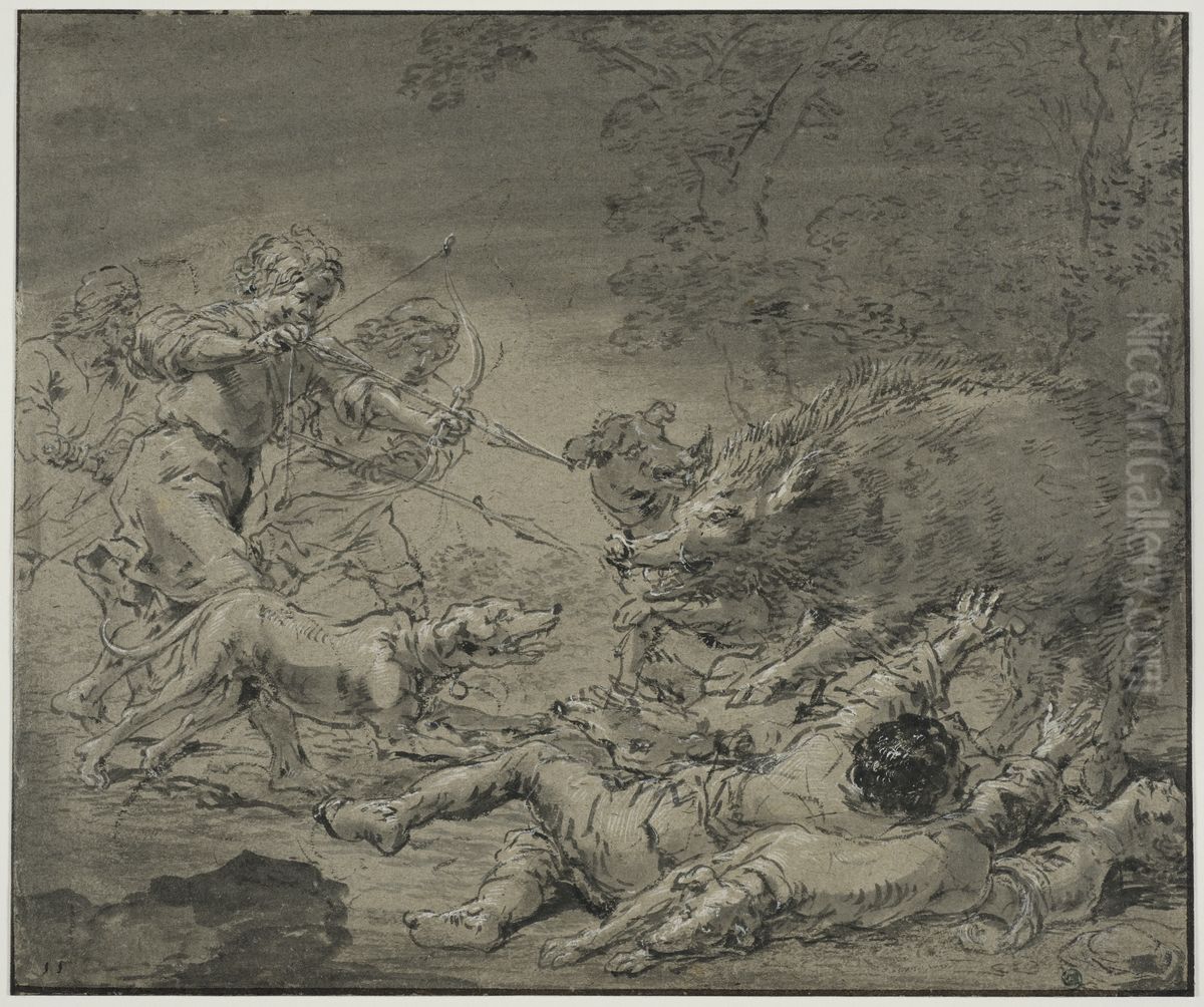 Vildsvinsjakt Oil Painting by Leonaert Bramer