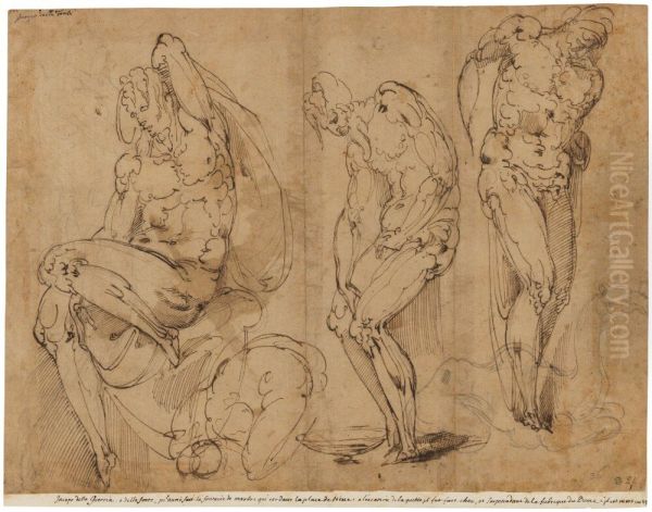 One sitting, one standing and one hanging man and a camel lying down Oil Painting by Battista Franco Veneziano