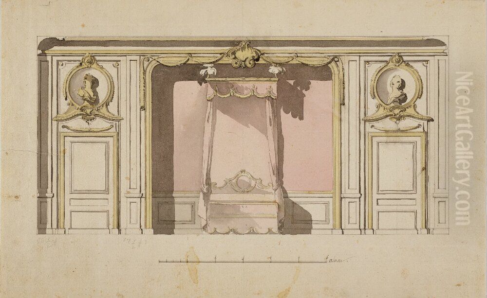 Sangkammare pa Rosersberg. Alkov med himmelsang. Pa sidorna dorrar med byster i runda nischer Oil Painting by Jean Eric Rehn