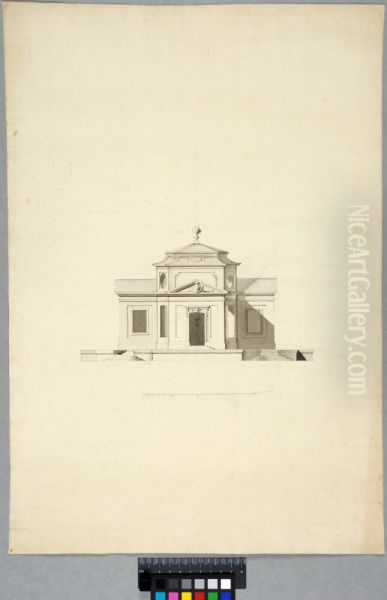 Design for a Cross-shaped Pavilion Placed on a Terrace. Elevation Oil Painting by Carl Harleman