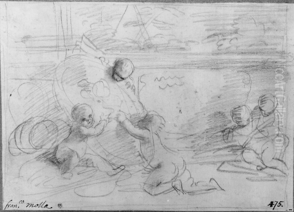 Five putti in a classical landscape Oil Painting by Pier Francesco Mola