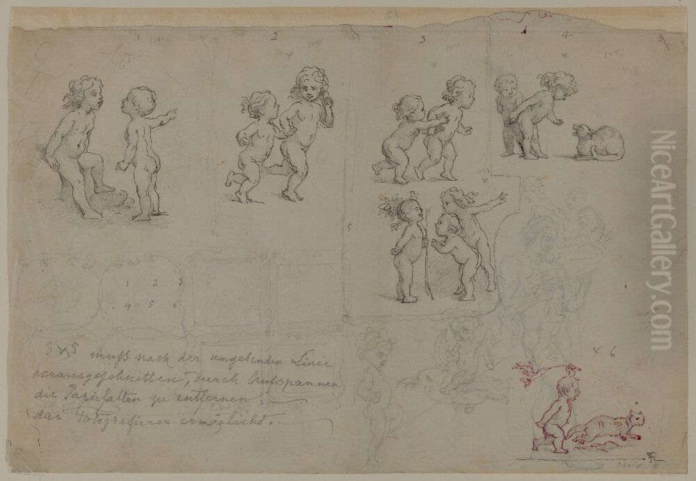 Ett par barn och en katt; 6 st numrerade barnboksillustrationer Oil Painting by Lorenz Frolich