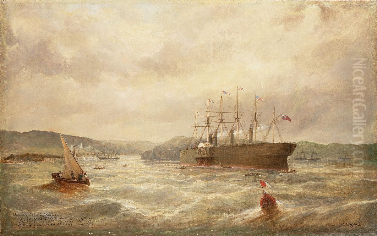 'Atlantic Cable Expedition' July 28 1866, S.S. Gt. Eastern at Mark Buoy preparing to land the shore end cable at 'Heart's Content'. Sir Saml. Canning Chief of the Expedition Oil Painting by unknown