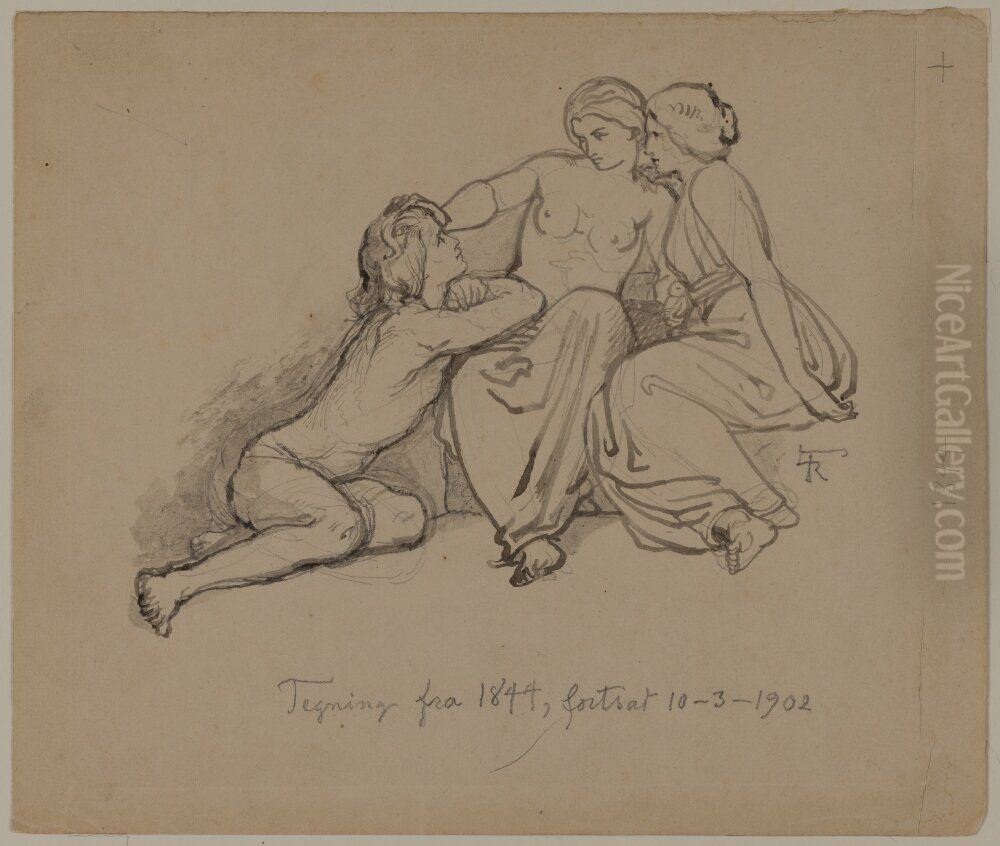 Naken yngling vid tva barbrostade kvinnors fotter Oil Painting by Lorenz Frolich