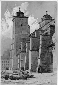 Lunds domkyrka. Langhus och torn fran sydost, en prastman och djavulen som staffagefigurer
