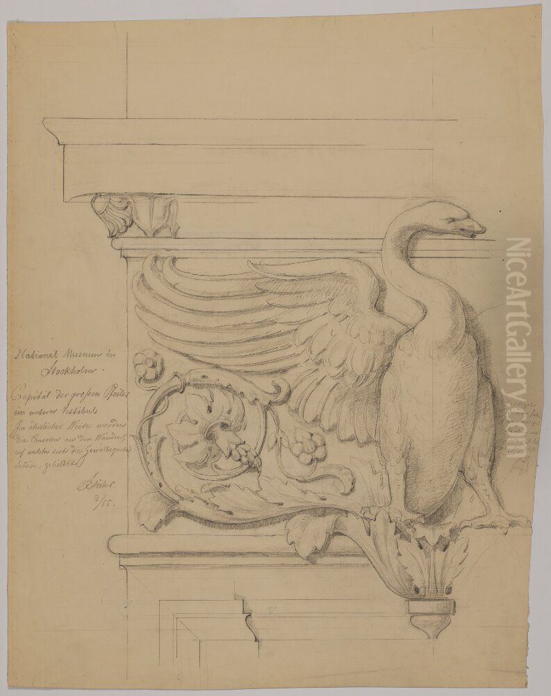 Nationalmuseum. Dekorativ skiss for de stora pelarnas kapital i vestibulen Oil Painting by Friedrich August Stuler