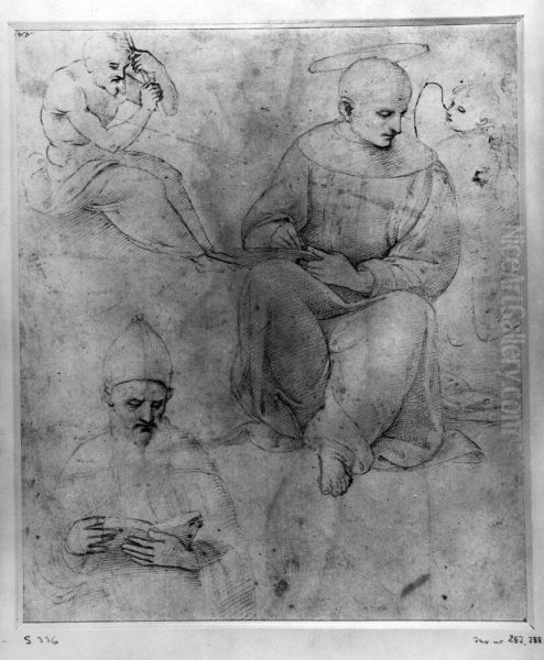 Etude. Skrifvande munk. Lasande biskopp. Sittande figur med en staf Oil Painting by Raphael