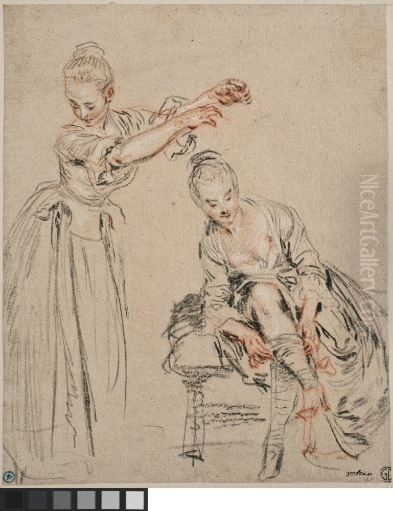 Two Studies of a Young Woman Oil Painting by Jean-Antoine Watteau