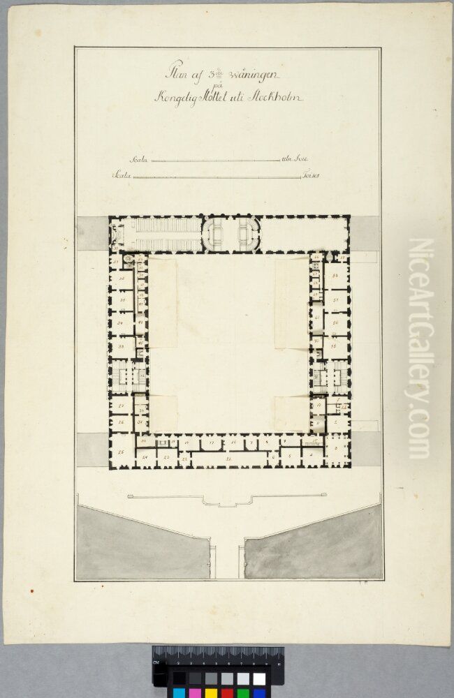 The Royal Palace in Stockholm. Second floor plan. With altenative room divisions showing on four flaps Oil Painting by Nicodemus Tessin the Younger
