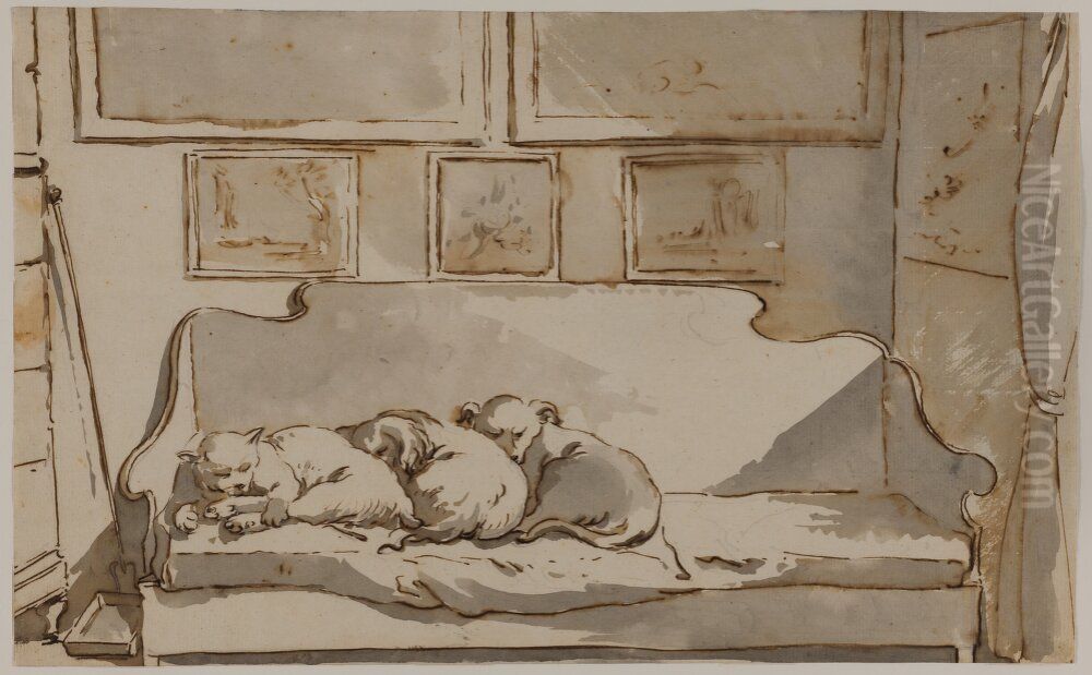 A Cat and Two Dogs Sleeping on a Sofa Oil Painting by Jean Eric Rehn