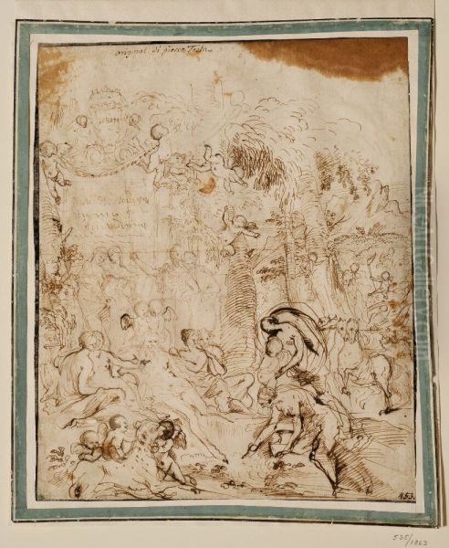 Allegory of Love submitting to the river Serchio and the virtues of Lucca Oil Painting by Pietro Testa