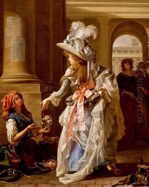 A Fashionably Dressed Young Woman in the Arcade of the Palais Royal Oil Painting by Michel Garnier