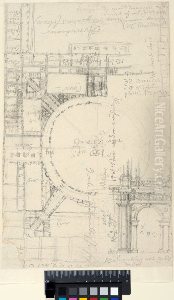 Tessin's First Project for the Louvre, Paris. Plan of a circular court surrounded by arcades. Also an elevation detail Oil Painting by Nicodemus Tessin the Younger