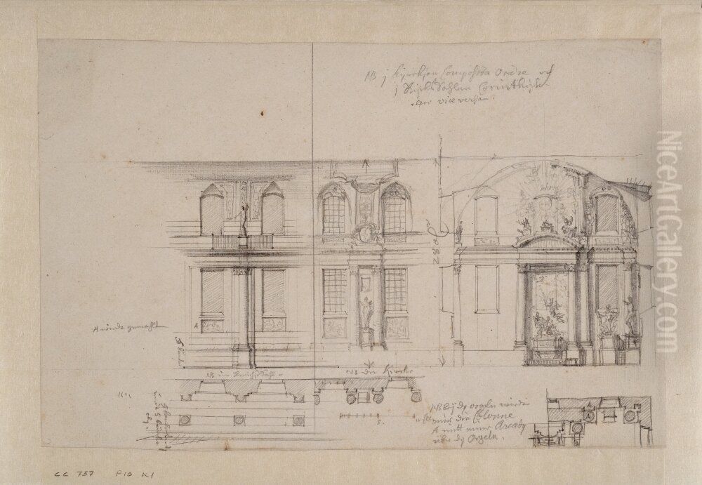 Drafts for the Hall of State and Chapel of the Royal Palace in Stockholm. Wall elevations and detail plans Oil Painting by Nicodemus Tessin the Younger