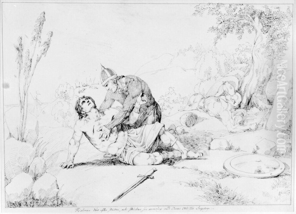 Hjalmar dor efter striden och skickar sin armring med orvar Odd till Ingeborg Oil Painting by Carl Wahlbom