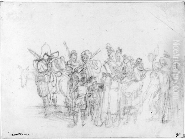 Resande komedianter Oil Painting by Jean-Antoine Watteau