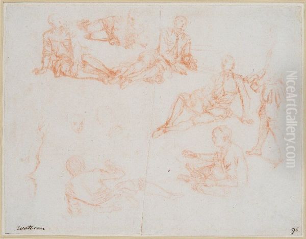 Eight Studies of a Man Standing or Semirecumbent on the Ground Oil Painting by Jean-Antoine Watteau