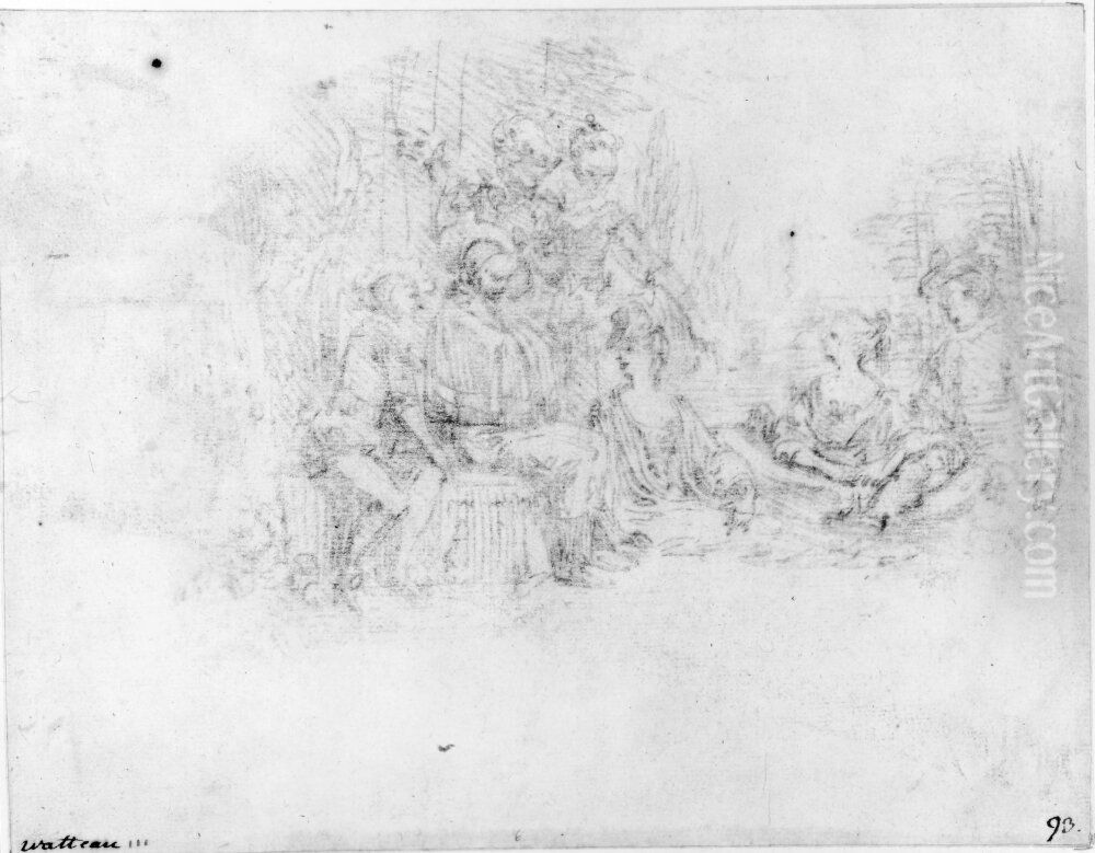 Figurer fran en Fete galante Oil Painting by Jean-Antoine Watteau