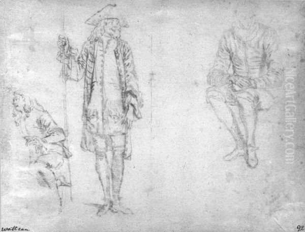 Sittande Mezzetin och tva andra skadespelare Oil Painting by Jean-Antoine Watteau
