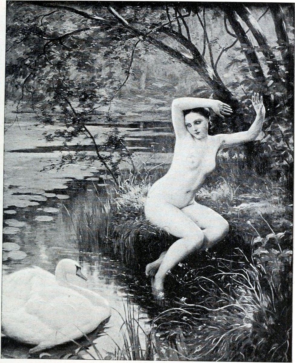 Jeune fille effrayee par un cygne Oil Painting by Albert Aublet