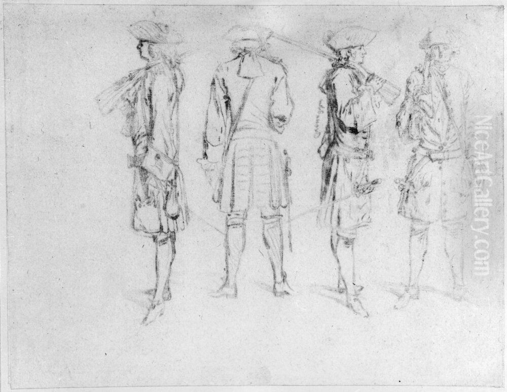Fyra studier av soldater med skyldrade gevar Oil Painting by Jean-Antoine Watteau Fyra studier av soldater med skyldrade gevar Oil Painting by Jean-Antoine Watteau