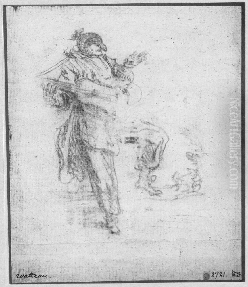 Skadespelare som spelar gitarr Oil Painting by Jean-Antoine Watteau