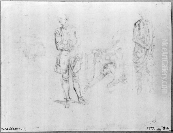 En kock, en sittande man som tecknar samt en staende man Oil Painting by Jean-Antoine Watteau