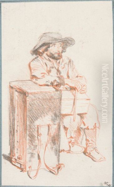 Skaggig savoyard som sitter med armbagen stodd pa sin kuriositetslada Oil Painting by Jean-Antoine Watteau