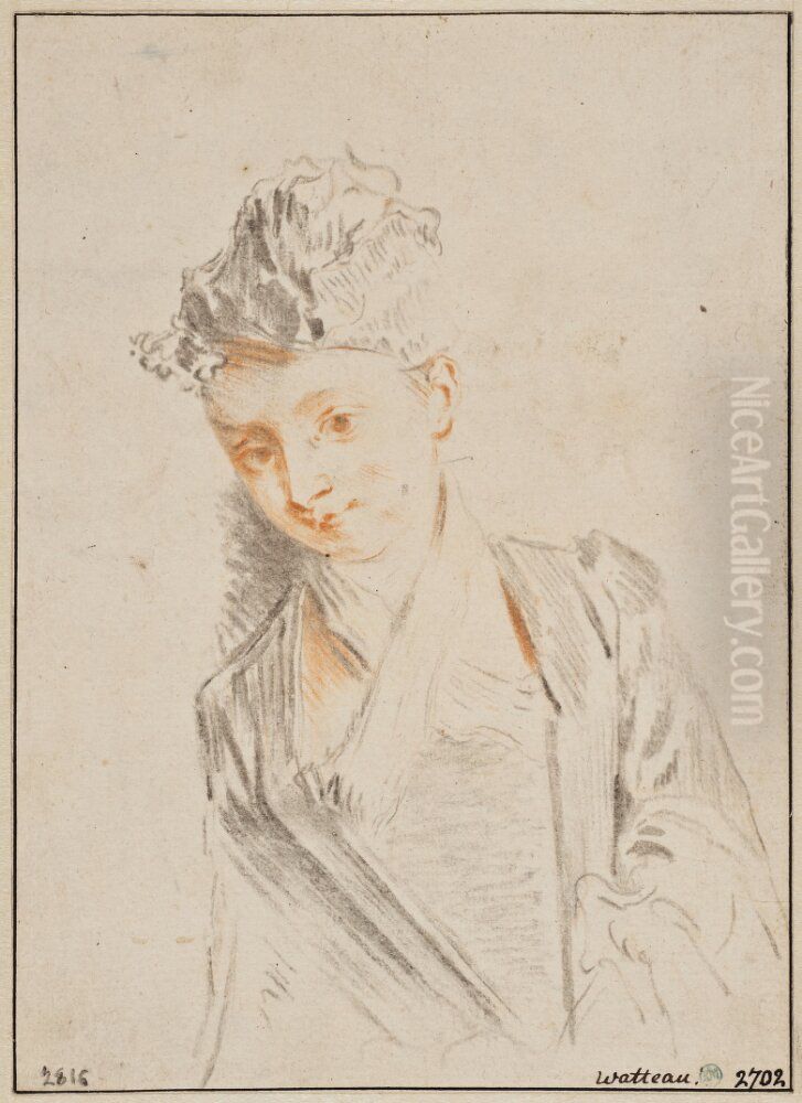 Ung dam med spetsmossa Oil Painting by Jean-Antoine Watteau