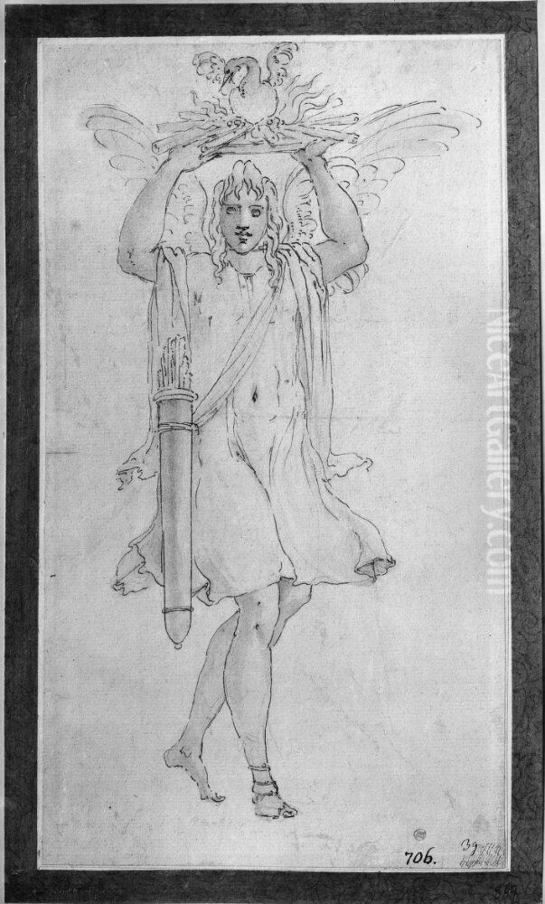 Amor barande en fagel Fenix pa hojda armar Oil Painting by Francesco Primaticcio