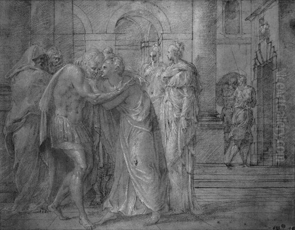 Odysseus och Penelope mots och omfamnar varandra Oil Painting by Francesco Primaticcio