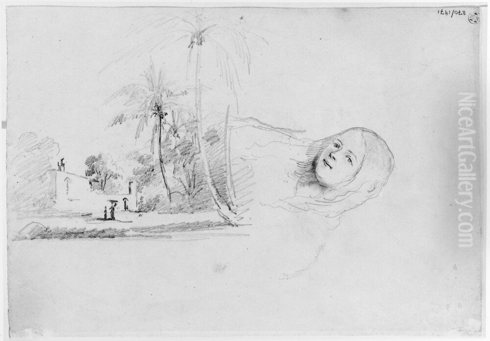 Landskapsstudie; flickhuvud Oil Painting by Camille Pissarro