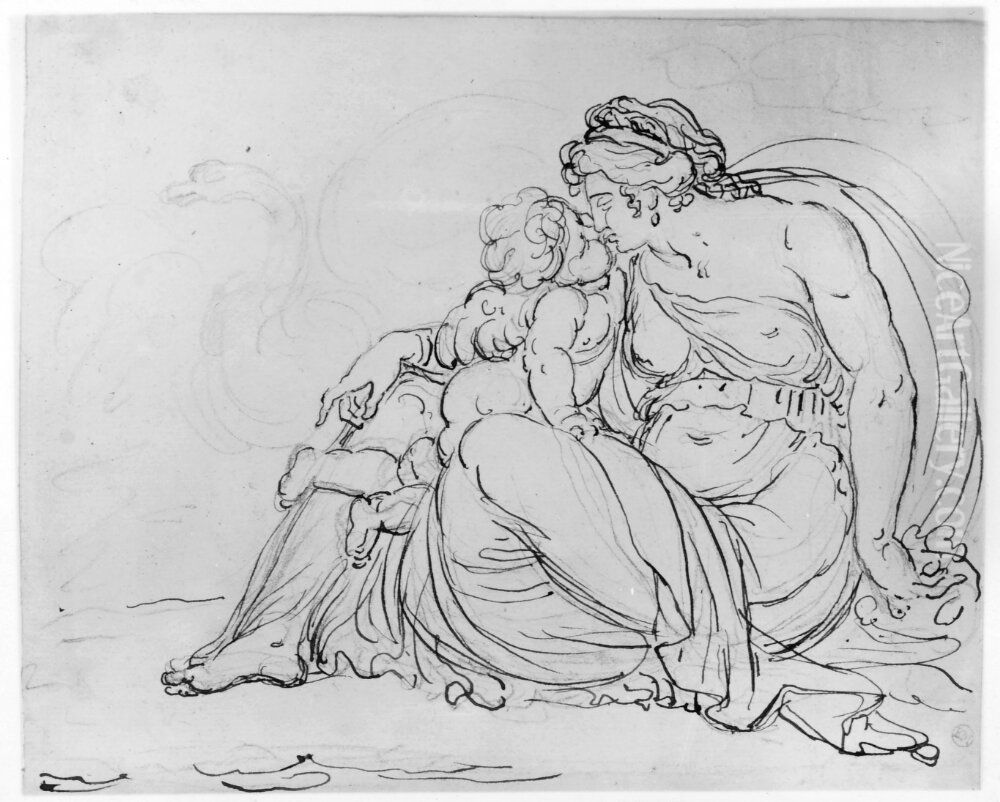 Sittande kvinna med barn i knaet Oil Painting by Johan Tobias Sergel