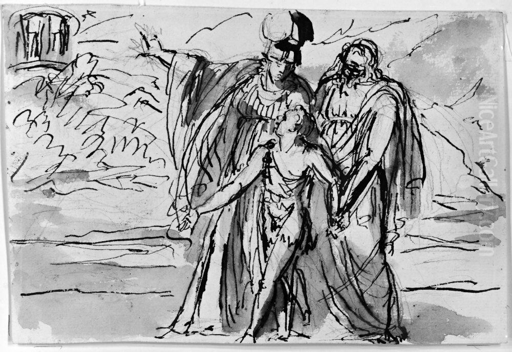 Le pere remet son fils entre les mains de Minerve pour le conduire au temple de la Vertu Oil Painting by Johan Tobias Sergel