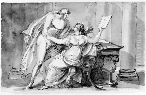 Scen ur dramatiskt skadespel. Marcia och Electus med vaxtavlan Oil Painting by Johan Tobias Sergel