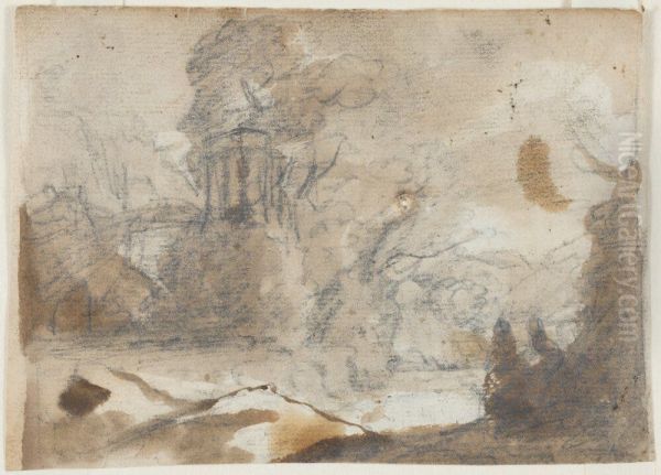 A Round Temple and Trees on a Hillside Oil Painting by Claude Lorrain