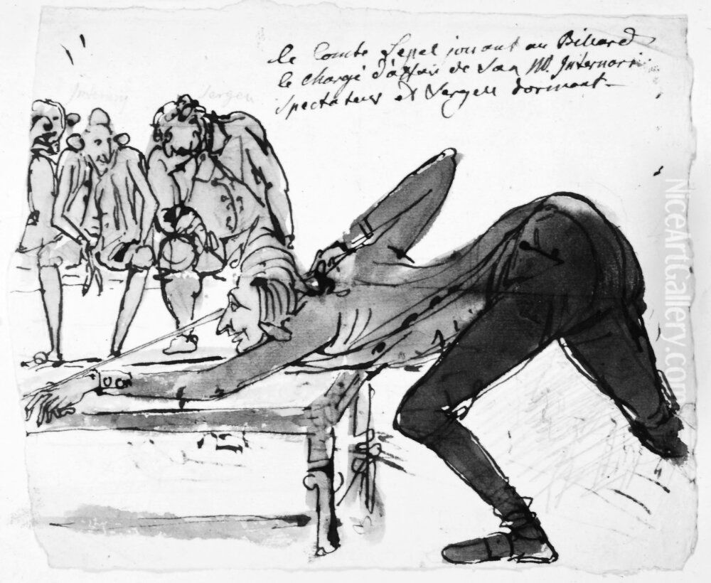 Le comte Lepel jouant au Billard le charge d'affair de Sa M.Internari spectateur et Sergell dormant Oil Painting by Johan Tobias Sergel