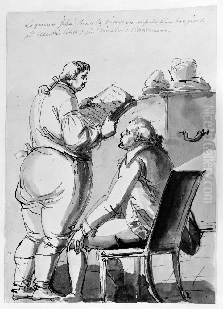 Lagman John Swartz laser en refutation han gjort [/] pa Allerbis Libelle for direktor Chalmers [upptill i mitten] Oil Painting by Johan Tobias Sergel