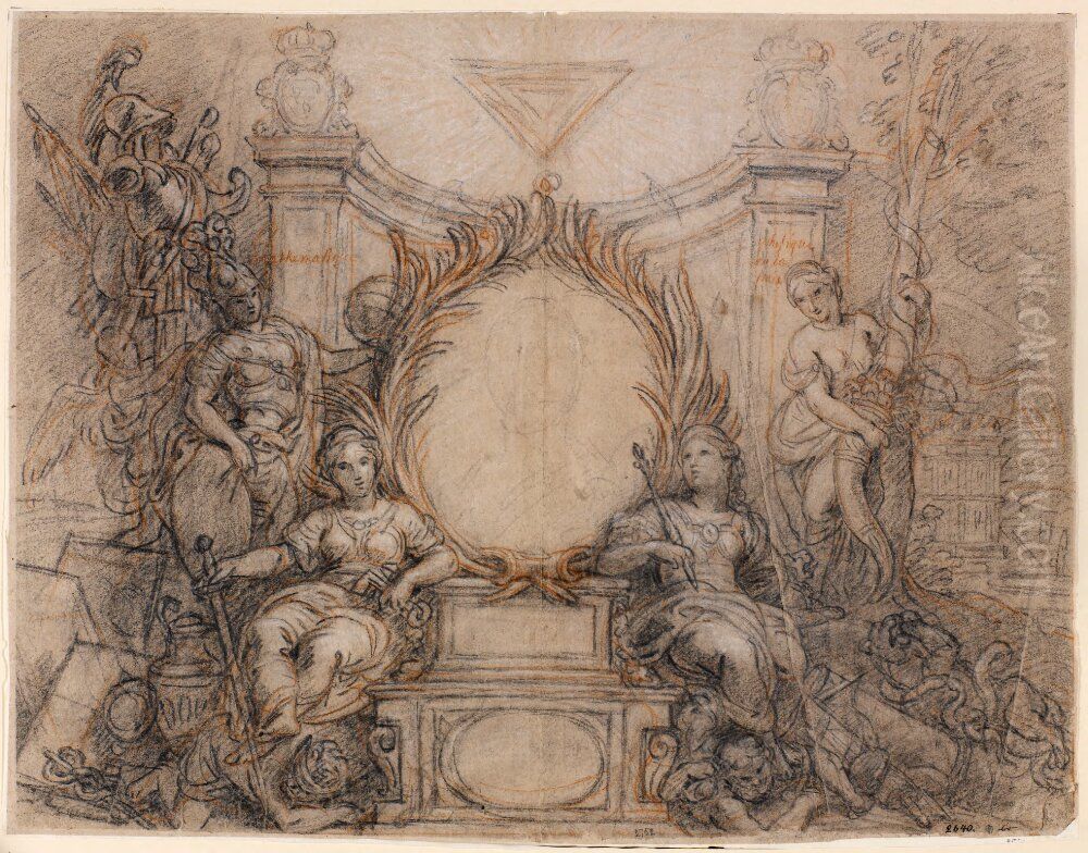 Allegoriska figurer omgivande ett portratt Oil Painting by Charles de La Fosse
