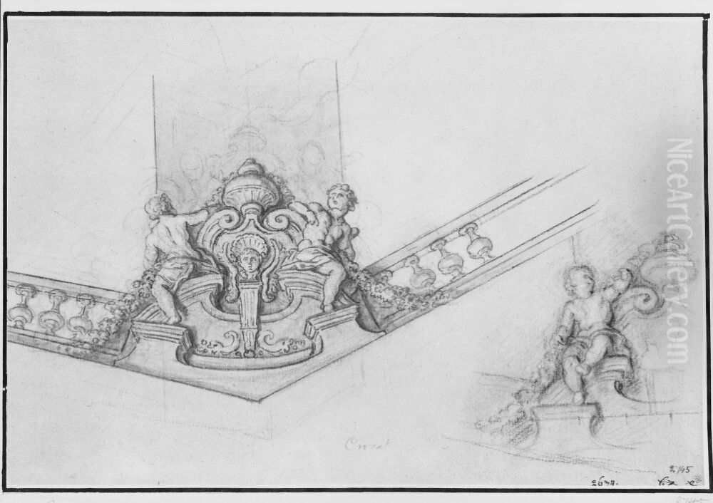 Dekoration till hornet pa balustrad Oil Painting by Charles de La Fosse