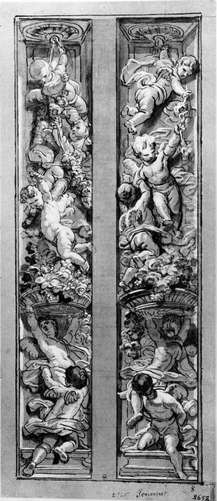 Putti and Fruit Garlands, drawing for a wall panel in Parlement de Bretagne, Rennes Oil Painting by Jean Jouvenet