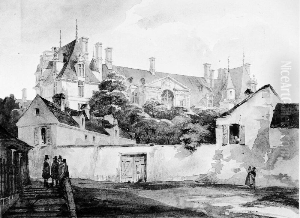 Exterior av Chateau d'Ecouen. I forgrunden en gata med en gammal mur och figurer Oil Painting by Fredrik Wilhelm Scholander